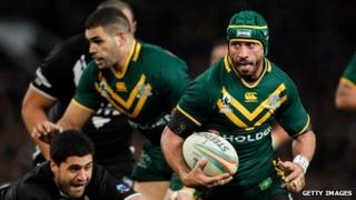 Jonathan Thurtson (R) of Australia in action during the Rugby League World Cup final