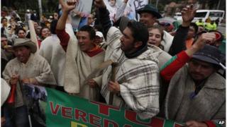 Potato growers shouting anti-government slogans in Bogota