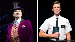Douglas Hodge as Willy Wonka in Charlie and the Chocolate Factory and Gavin Creel as Elder Price in The Book of Mormon