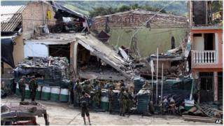 Destroyed police station in Inza, Colombia