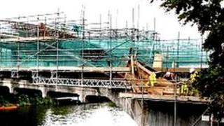 Bridge with scaffolding on