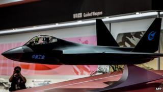 A concept model of a Chinese stealth fighter at a trade fair