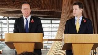 David Cameron and Nick Clegg at Cardiff