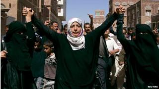 Yemeni journalist and activist Tawakul Karman (centre) marches with women in anti-government protest (file photo)