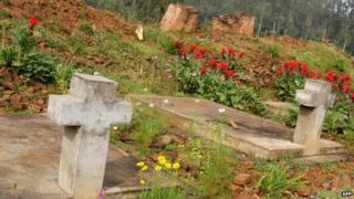 Mass grave and remains of the Catholic church in Nyange, in the western Rwandan photographed in 2004