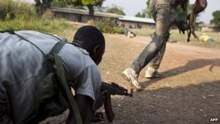 Anti-balaka militiamen training near Bangui. 17 Dec 2013