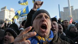A pro-European Union activist shouts a slogan during a rally in Independence Square in Kiev, Ukraine, on Sunday