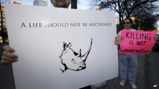 Protest outside the Dallas Convention Center where the Dallas Safari Club held its weekend show and auction