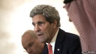 US Secretary of State John Kerry speaks at a meeting in Saudi Arabia on January 5, 2014.
