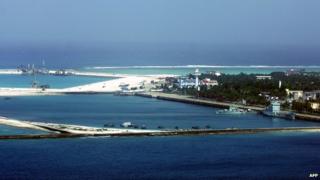 Aerial view of Sansha city on an island in the disputed Paracel chain on 27 January 2012