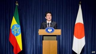 Japanese Prime Minister Shinzo Abe speaks during a press conference in Addis Ababa on January 14, 2014.
