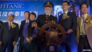 Bernard Hill, who was in the 1997 Titanic movie, with some of the backers of the project