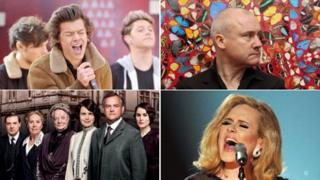 Clockwise: One Direction, Damien Hirst at Tate Modern, Adele, Downton Abbey