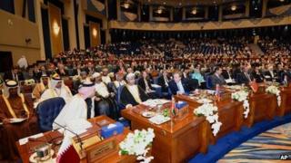 Delegates attend the opening session of the second International Humanitarian Pledging Conference for Syria