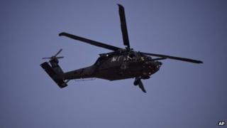 A US Blackhawk helicopter takes off after a rehearsal by special operations forces from Iraq, Jordan, and Lebanon as part of Eager Lion, a multinational military exercise in Zarqa, Jordan, 17 June 2013