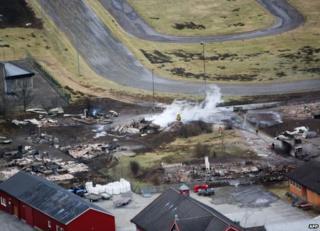 An aerial view of fire damage in Laerdalsoyri, southern Norway, 19 January