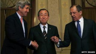 John Kerry, UN's Ban Ki-moon and Russia's Sergey Lavrov, Montreux