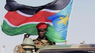 A government soldier stands on the back of a pick-up truck in Bentiu, Unity state, South Sudan - 12 January 2014
