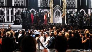 Thirty-three couples are married by Queen Latifah during the Grammy Awards show on January 26, 2014.