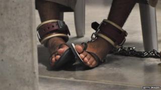 A detainee's shackled feet at Guantanamo, 2009