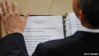An over-the-shoulder view of the text of President Obama's 2013 address to Congress