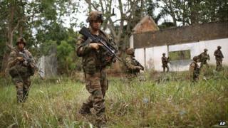 French troops search the Kasai camp after Seleka Muslim militias evacuated Bangui, Central African Republic on 28 January