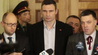 Ukrainian opposition leaders Arseniy Yatsenyuk, Vitali Klitschko, Oleh Tyahnybok