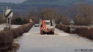 Flooded road in Llandrinio - photo by Debbie Docherty