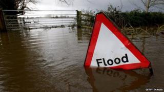 A flood warning sign partially submerged