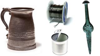 Clockwise: A pewter tankard, a roll of solder, a bronze dagger and a tin can