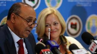 Libyan Foreign Minister Mohamed Abdelaziz (left) speaks, as US Ambassador to Libya Deborah Jones (right) looks on, during a press conference in Tripoli. Photo: 4 February 2014