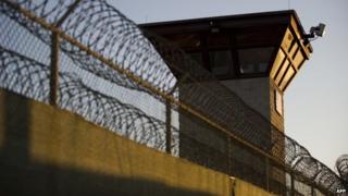 The guard tower at the entrance to "Camp Five" and "Camp Six" detention facilities of the Joint Detention Group at the US Naval Station in Guantanamo Bay, Cuba 19 January 2012