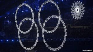 One of the Olympic rings malfunctions during the opening ceremonies of the 2014 Winter Games in Sochi on 7 February, 2014.
