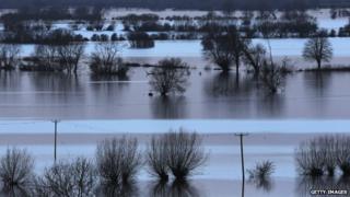 Flooded fields at Burrow Mump, at Burrowbridge, on the Somerset Levels
