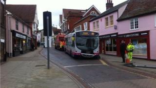 A bus which hit a shop in Stowmarket