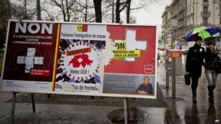 Swiss referendum campaign posters in Geneva, 10 Feb 14