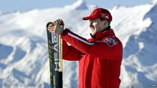 Driver Michael Schumacher holding his skis before a giant slalom race in Madonna di Campiglio (January 2003)