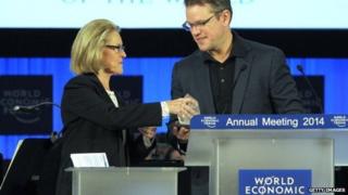 Actor Matt Damon receives an award at the World Economic Forum in Davos, Switzerland on 21 January, 2014.