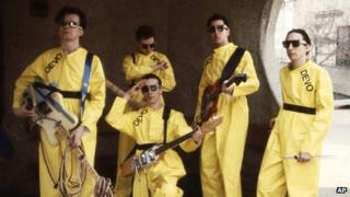 Devo members from left, Mark Mothersbaugh, Bob Mothersbaugh, kneeling, Jerry Casale, Bob Casale and Alan Myers, seen in 1978