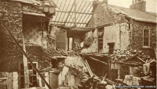 Postcard showing the destruction of housing in Hartlepool from the bombardment
