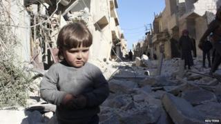 A child in Aleppo, Syria, on 13 February 2014