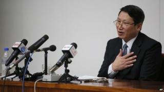 Kim Jong-uk, a South Korean Baptist missionary, speaks during a news conference in Pyongyang, North Korea, Thursday, 27 February 2014