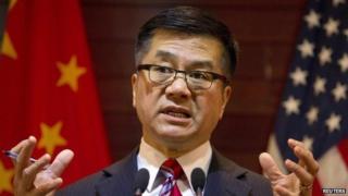 Outgoing US ambassador to China, Gary Locke, speaks during a farewell news conference held at the US embassy in Beijing, 27 February 2014
