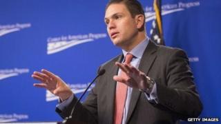 Colombian Defence Minister Juan Carlos Pinzon gives a speech during a visit to Washington, DC on 27 February, 2014.