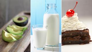 Avacados, milk, brownie with whipped cream
