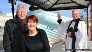 Tim West, director of the North East Maritime Trust; Councillor Audrey McMillan, from South Tyneside Council; Rev Philip Bullock from St Stephen's Church