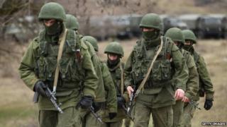 Soldiers near Perevanie military base in Crimea