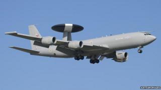 An RAF Boeing E-3 Sentry (Awacs) surveillance aircraft at Anglesey Airport, 18/03/2004