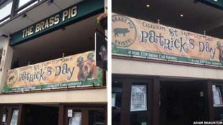 Composite image of a banner for St Patrick's Day party offering four Irish car bombs for £10 and the same sign covered over with tape