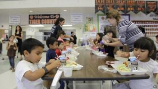 Students eat lunch at a predominantly Latino primary school in California